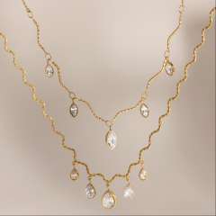 Delicate oval teardrop cubic zircon charm stainless steel necklace for women