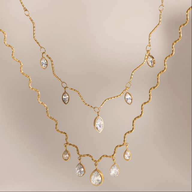 Delicate oval teardrop cubic zircon charm stainless steel necklace for women