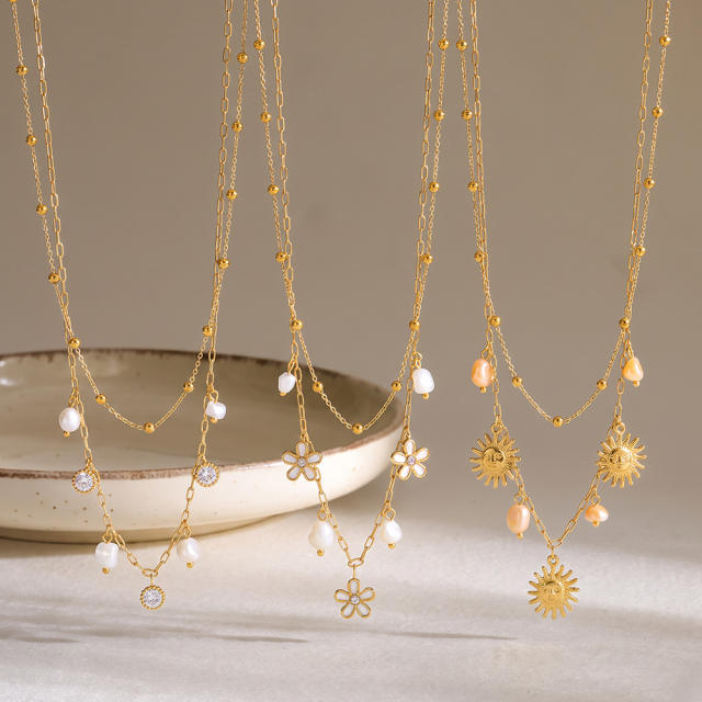 Flower Sun Pattern Stainless Steel necklace Enamel Necklace for Women