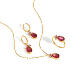 18KG red color teardrop cubic zircon pendant stainless steel necklace earrings set