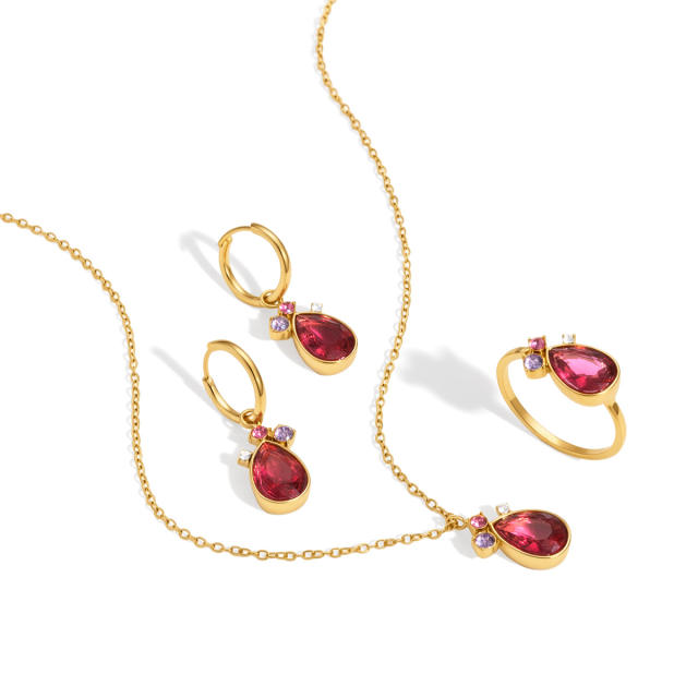 18KG red color teardrop cubic zircon pendant stainless steel necklace earrings set