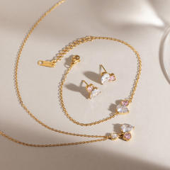 18KG white and pink cubic zircon stainless steel necklace bracelet earrings set