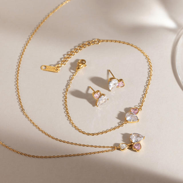 18KG white and pink cubic zircon stainless steel necklace bracelet earrings set
