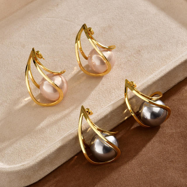 French trend gold color line wave pearl 18K plated copper earrings