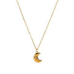 Fashion stainless steel necklace light luxury moon design with zircon and rhinestone inlay