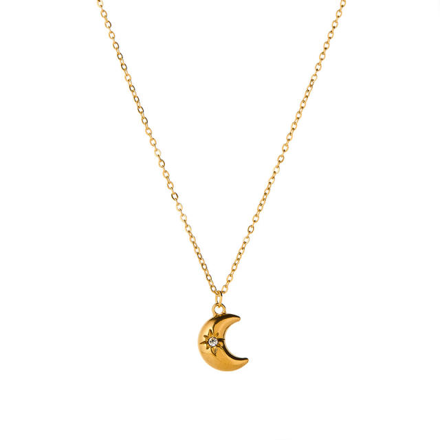 Fashion stainless steel necklace light luxury moon design with zircon and rhinestone inlay
