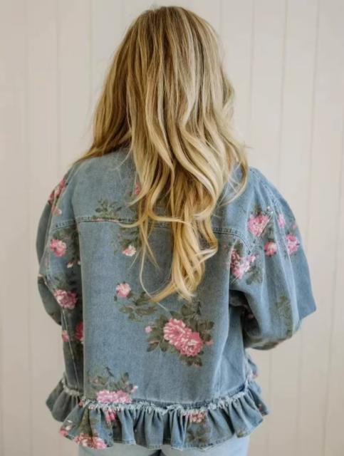 Vintage Washed Denim Jacket Floral Print Loose Fashion Long-Sleeve Shirt for Women