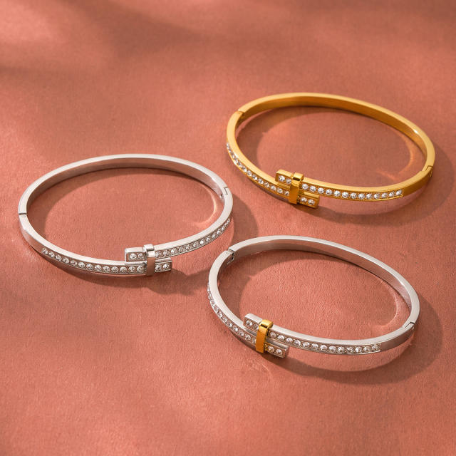 Minimalist geometric stainless steel bracelet with rhinestone embellishments