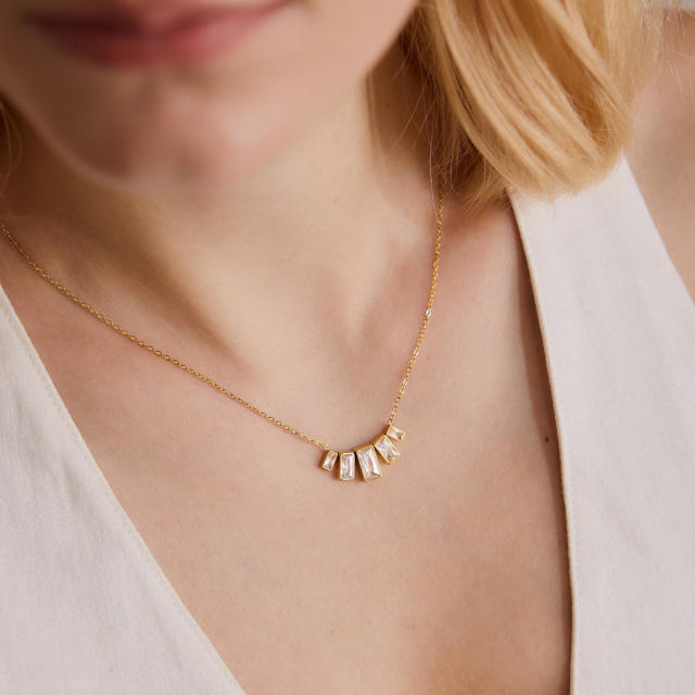 Delicate cubic zircon rectangle stainless steel necklace