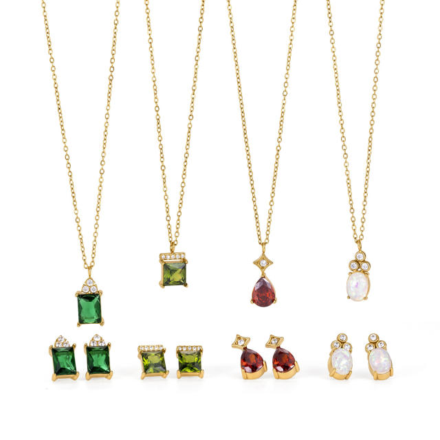 18KG elegant colorful cubic zircon dainty stainless steel necklace earrings set