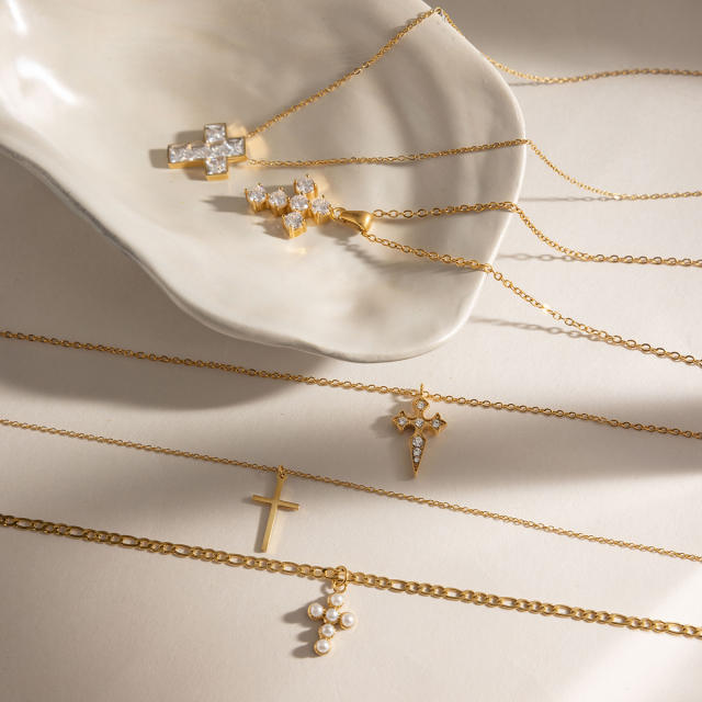 18KG elegant diamond cross pendant stainless steel necklace