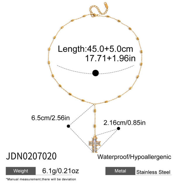 18KG elegant diamond cross pendant stainless steel necklace