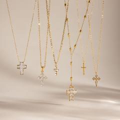 18KG elegant diamond cross pendant stainless steel necklace