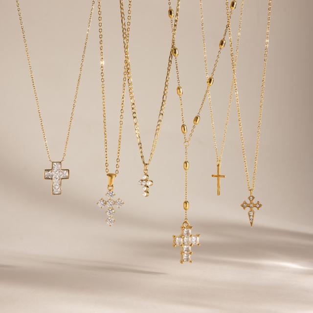 18KG elegant diamond cross pendant stainless steel necklace