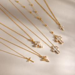 18KG elegant diamond cross pendant stainless steel necklace