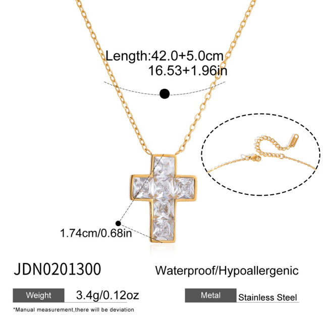 18KG elegant diamond cross pendant stainless steel necklace