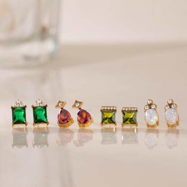 18KG elegant colorful cubic zircon dainty stainless steel necklace earrings set