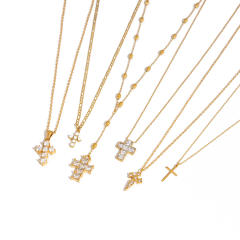 18KG elegant diamond cross pendant stainless steel necklace