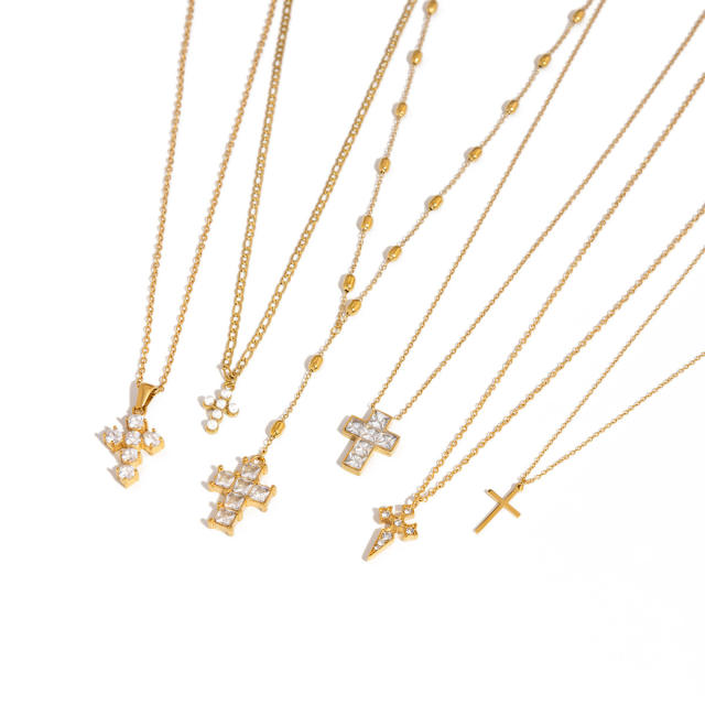 18KG elegant diamond cross pendant stainless steel necklace