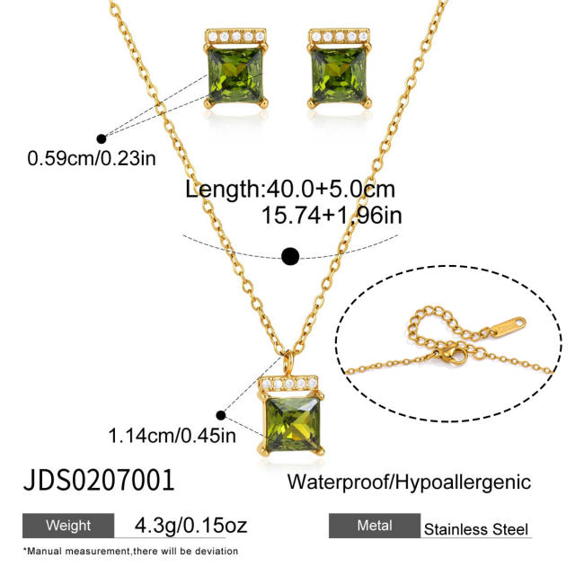 18KG elegant colorful cubic zircon dainty stainless steel necklace earrings set