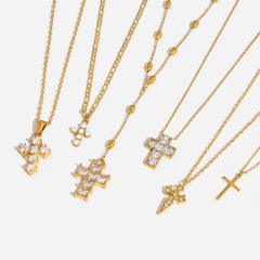 18KG elegant diamond cross pendant stainless steel necklace