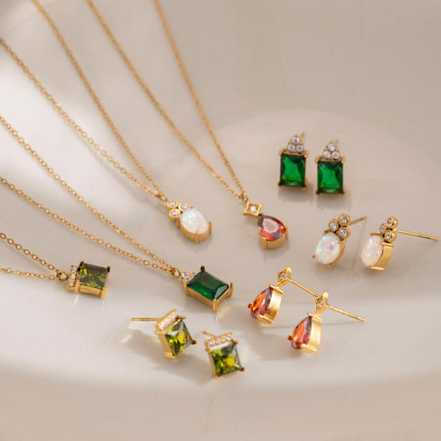 18KG elegant colorful cubic zircon dainty stainless steel necklace earrings set