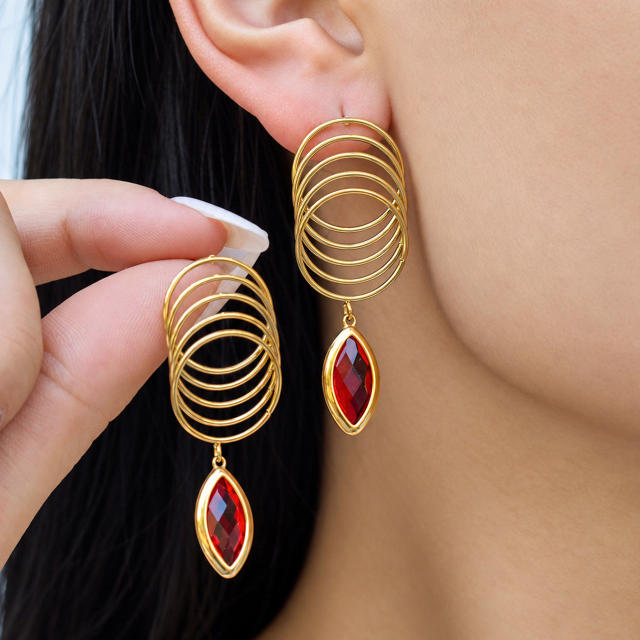 Unique multi layer ring colorful glass crystal drop stainless steel earrings