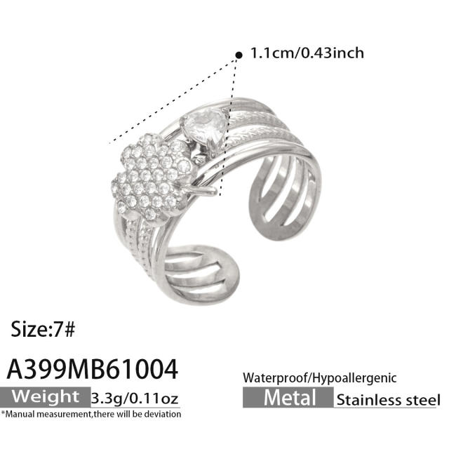 Elegant cubic zircon flower heart stainless steel rings wide rings