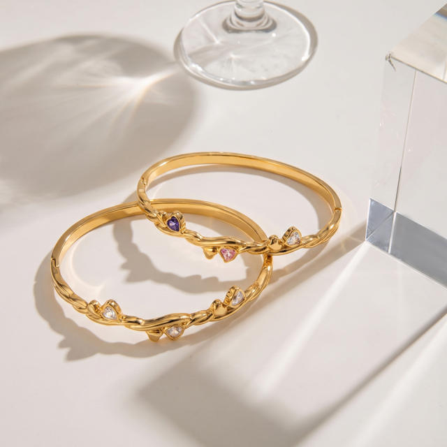 Fashion heart-shaped stainless steel bracelet with zirconia stones