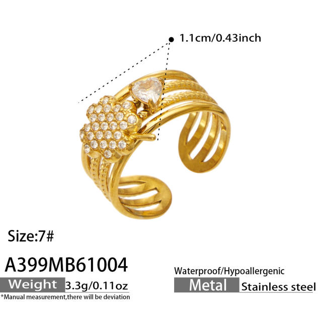 Elegant cubic zircon flower heart stainless steel rings wide rings