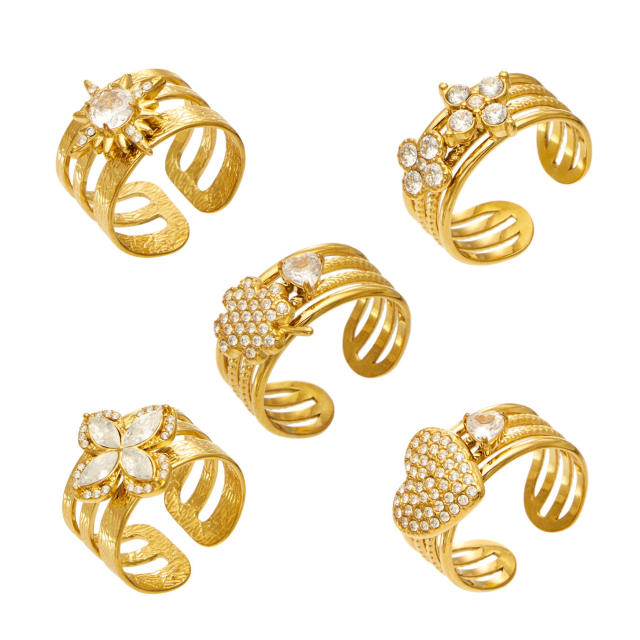 Elegant cubic zircon flower heart stainless steel rings wide rings