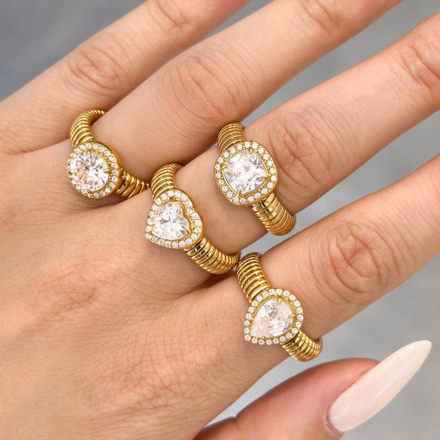 5A cubic zircon clover heart stainless steel rings chunky rings for women