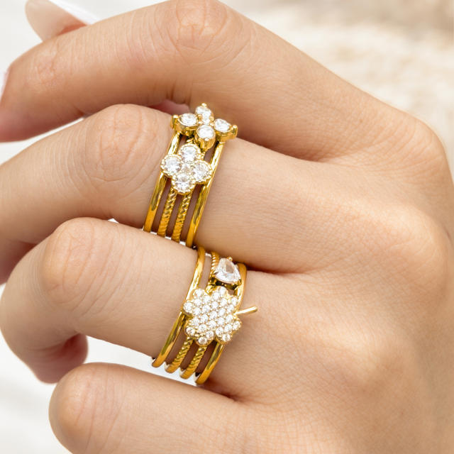 Elegant cubic zircon flower heart stainless steel rings wide rings