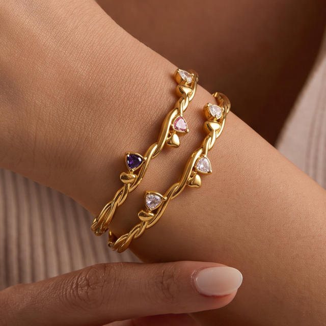 Fashion heart-shaped stainless steel bracelet with zirconia stones