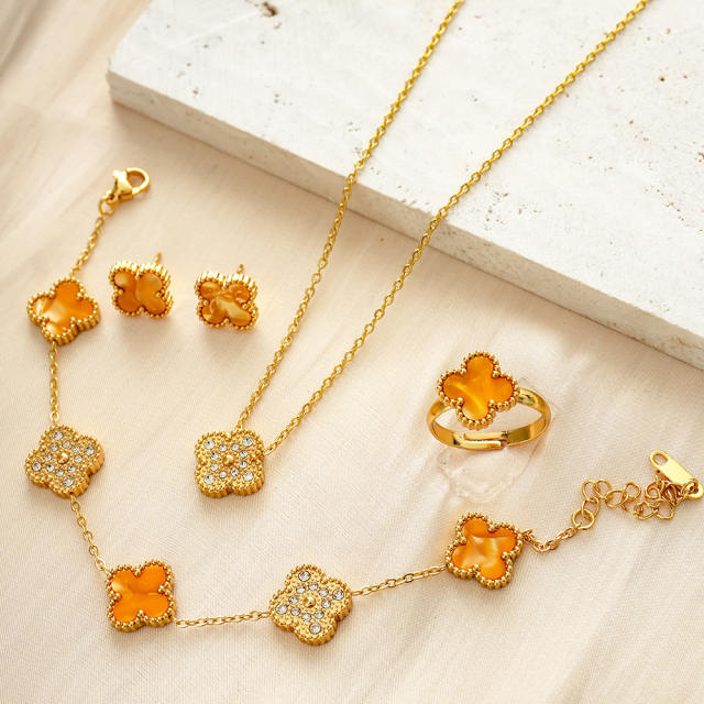 13mm colorful diamond clover stainless steel necklace bracelet earrings rings set