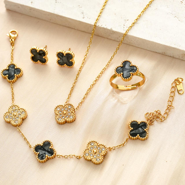 13mm colorful diamond clover stainless steel necklace bracelet earrings rings set