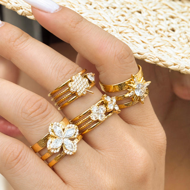 Elegant cubic zircon flower heart stainless steel rings wide rings