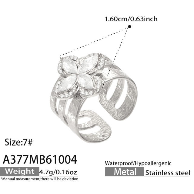 Elegant cubic zircon flower heart stainless steel rings wide rings
