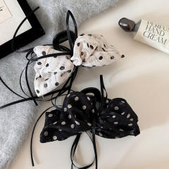 Korean-style pleated polka dot ribbon bow claw clip