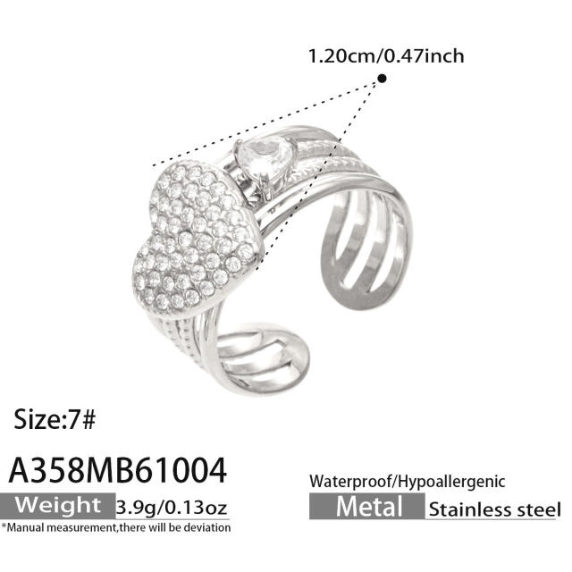 Elegant cubic zircon flower heart stainless steel rings wide rings