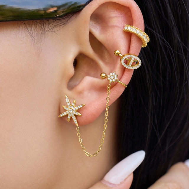 18KG diamond star stainless steel earrings ear cuff