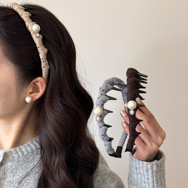 Korean-style pleated fabric pearl headband non-slip zig zag headband