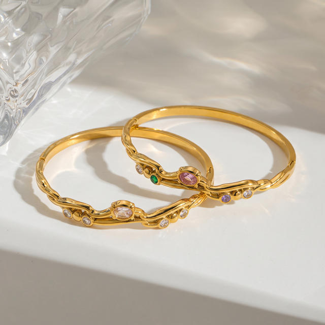 Elegant cubic zircon inlaid stainless steel bangle bracelet