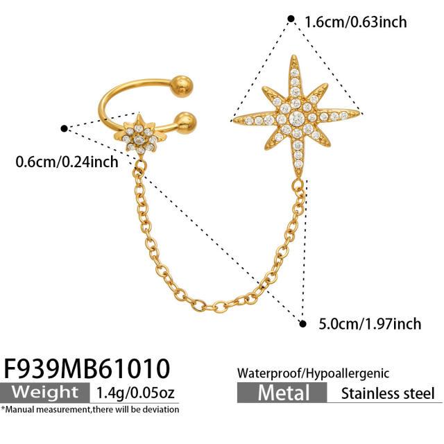 18KG diamond star stainless steel earrings ear cuff
