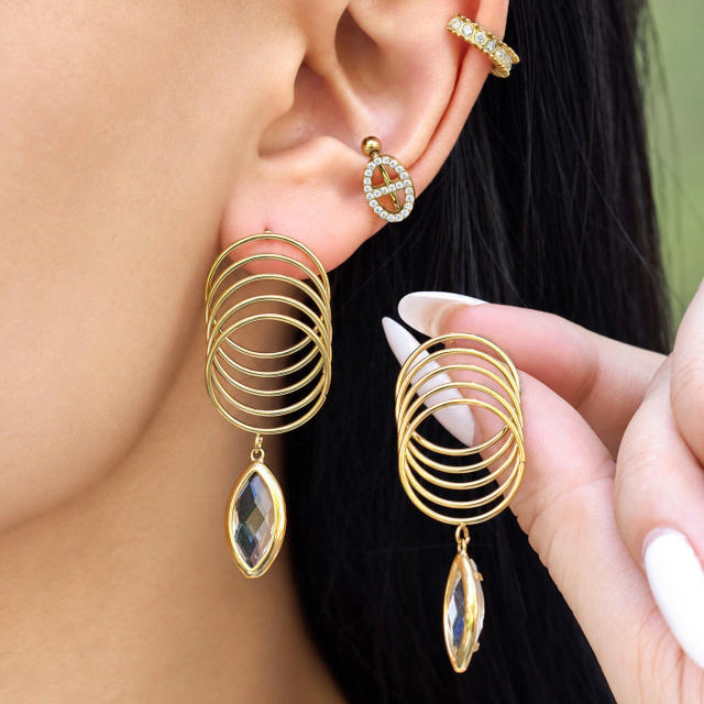 Unique multi layer ring colorful glass crystal drop stainless steel earrings