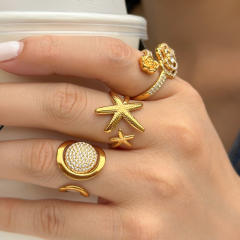 PVD diamond starfish flower stainless steel rings