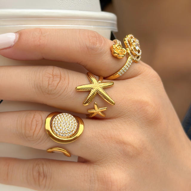 PVD diamond starfish flower stainless steel rings