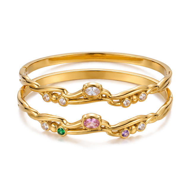 Elegant cubic zircon inlaid stainless steel bangle bracelet