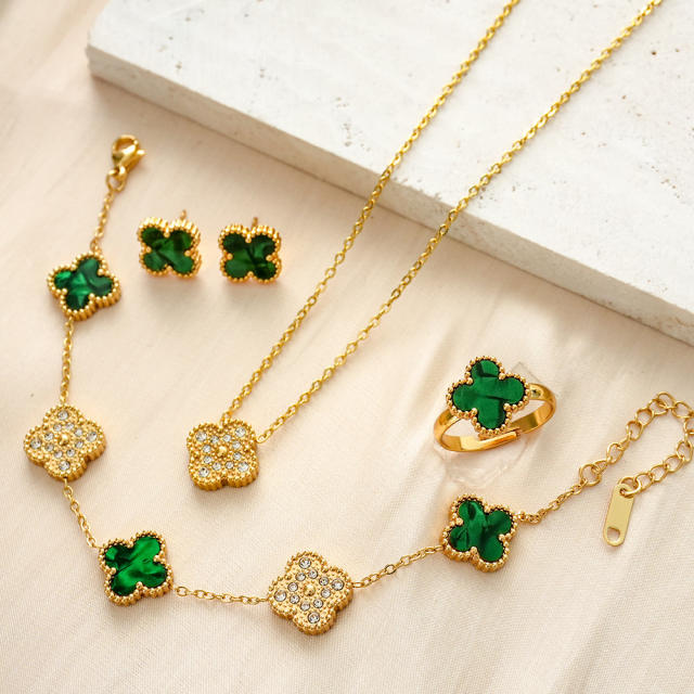 13mm colorful diamond clover stainless steel necklace bracelet earrings rings set