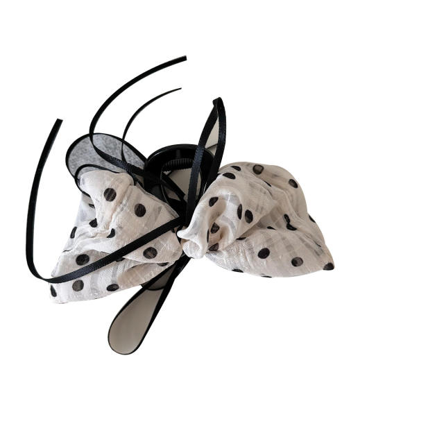 Korean-style pleated polka dot ribbon bow claw clip